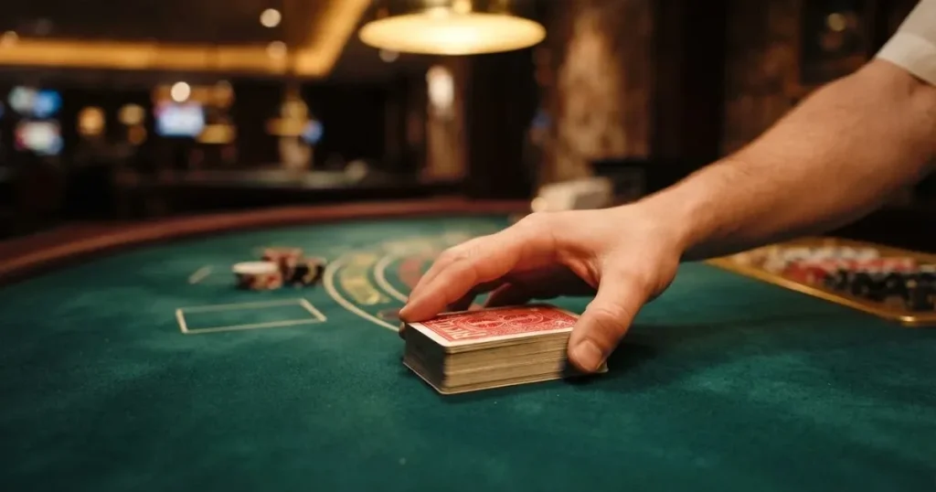 Croupierens händer blandar kort på grönt filt, taklampan speglas i den blanka kortbunten — spela spelautomater i sverige