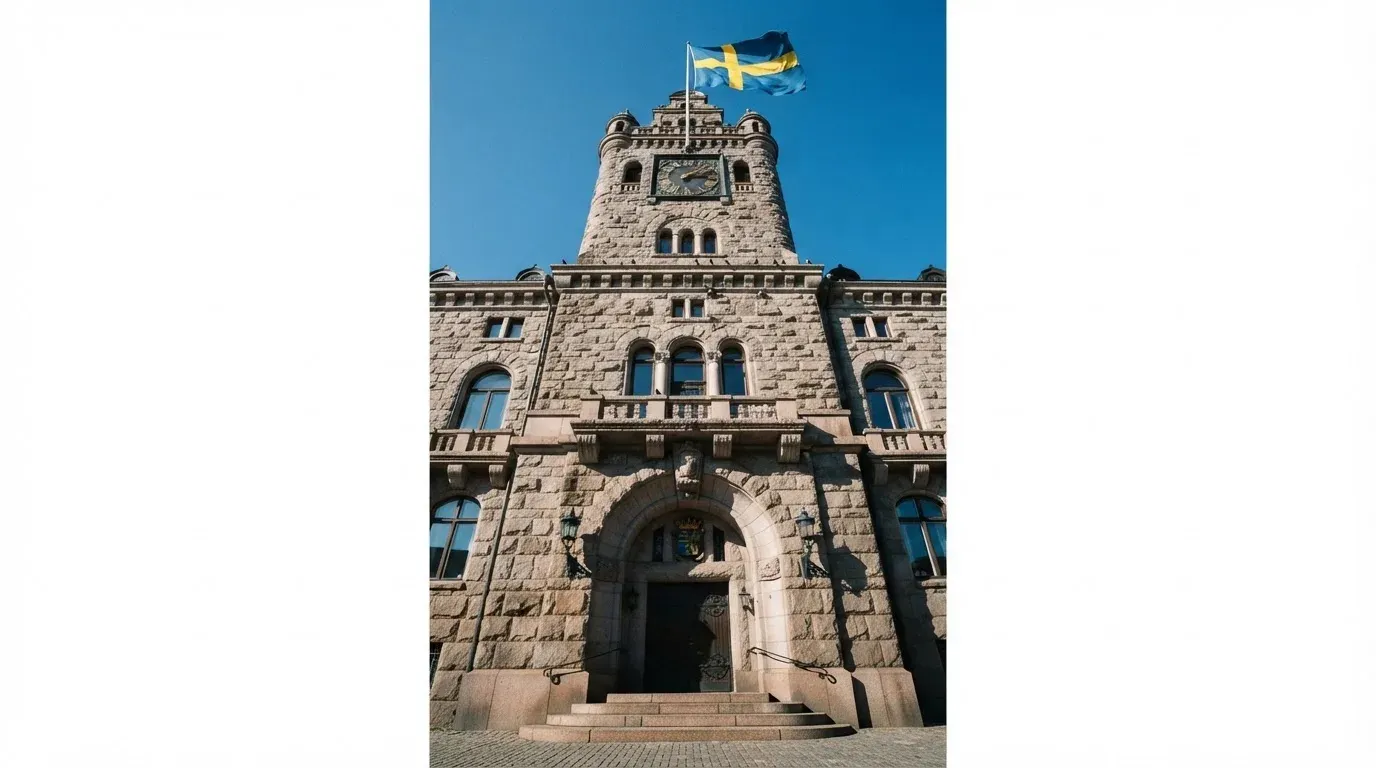Ett gammalt stadshus i sten fotograferat underifrån mot en klarblå himmel, med den svenska flaggan som fladdrar ovanför entrén.