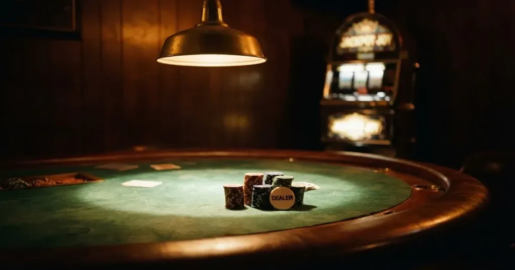 Ett ovalt pokerbord under en lågt hängande lampa, med spelmarker och en vit bricka i ljuset — spelautomater på nätet