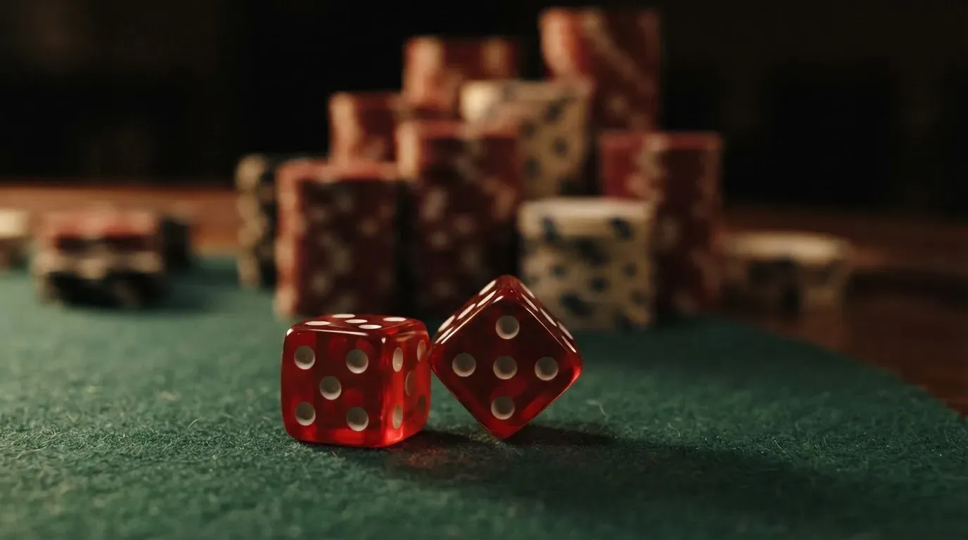 Röda tärningar vilar på grönt filt, bakom dem suddiga torn av spelmarker i kvällsdunklet — svenska casinon för high rollers