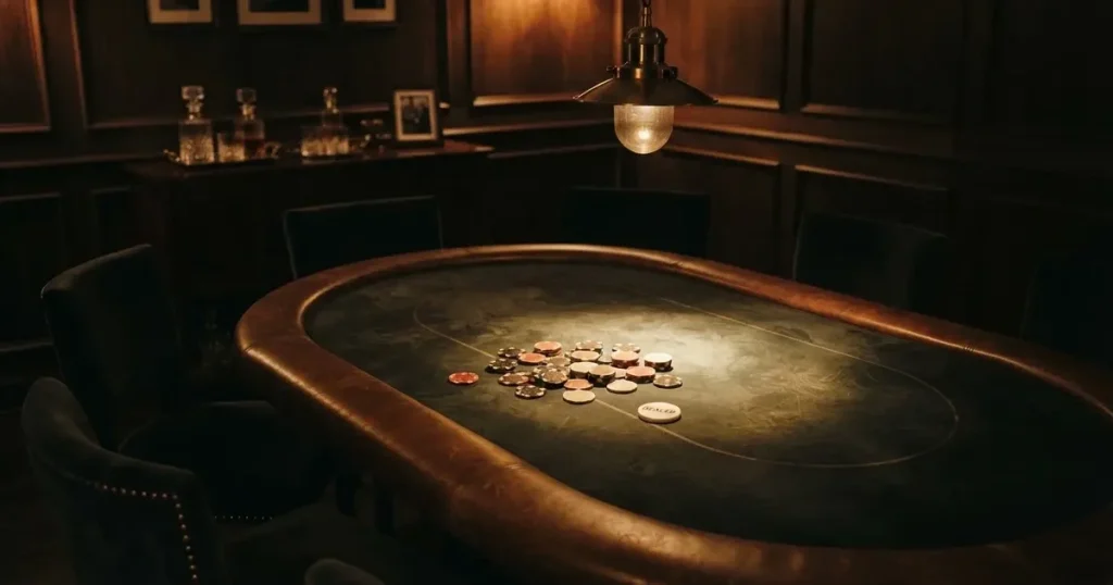 Ett ovalt pokerbord under en lågt hängande lampa, med spelmarker och en vit bricka i ljuset — svenska casinon för high rollers