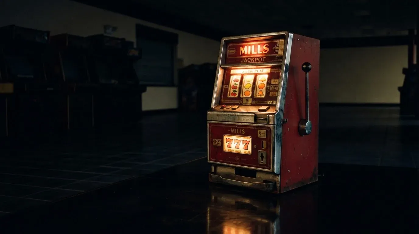 En gammal spelautomat lyser i den dunkla hallen och speglar sig i golvet — svenska casinon för storspelare