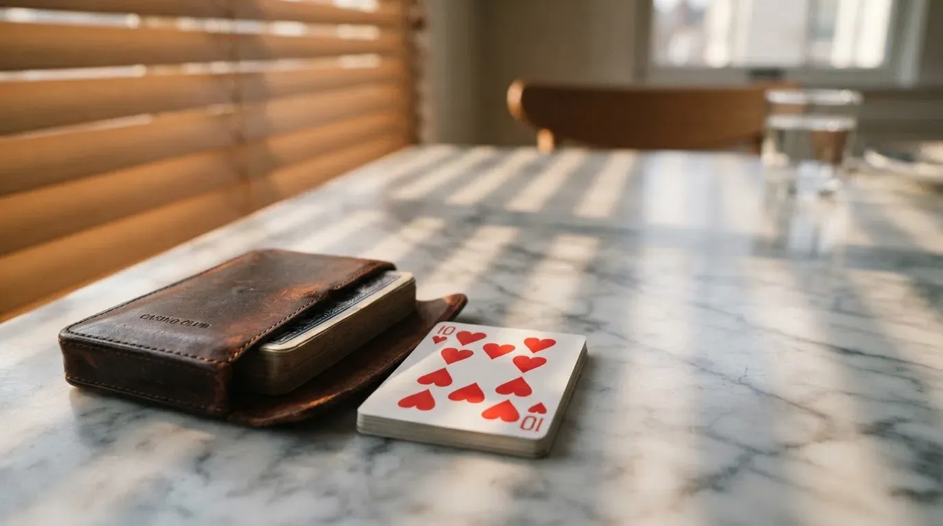 En kortlek i läderfodral vilar på ett marmorbord, morgonsolen strålar genom persienner — svenska casinon med apple pay
