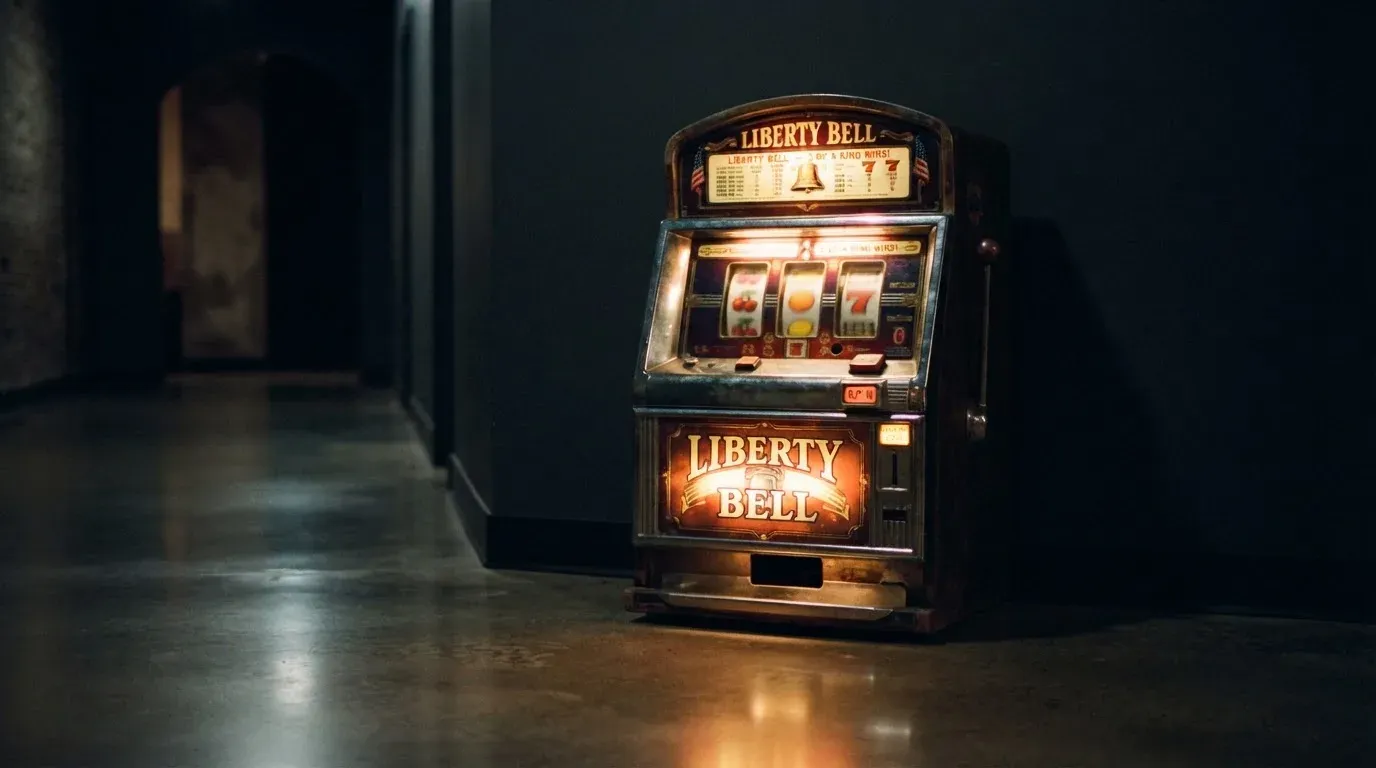 En gammal spelautomat lyser i den dunkla hallen och speglar sig i golvet — svenska casinon med banköverföring