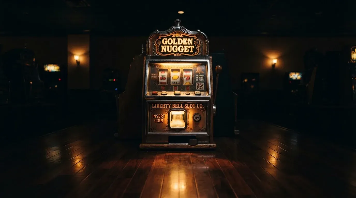 En gammal spelautomat lyser i den dunkla hallen och speglar sig i golvet — svenska casinon med bitcoin
