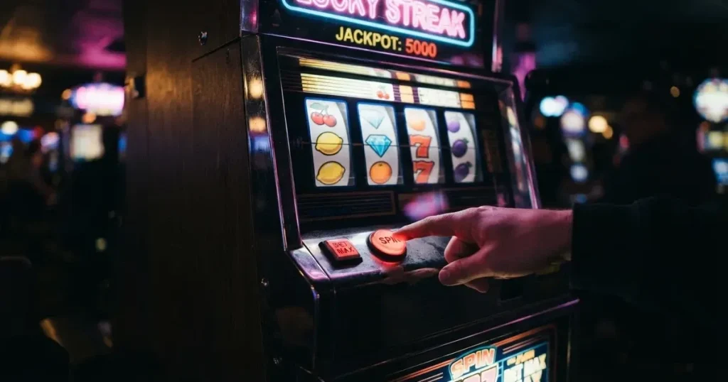 Ett finger trycker på spelautomatens klarröda knapp i dunklet, neonljus lyser runt omkring — svenska casinon med bonus