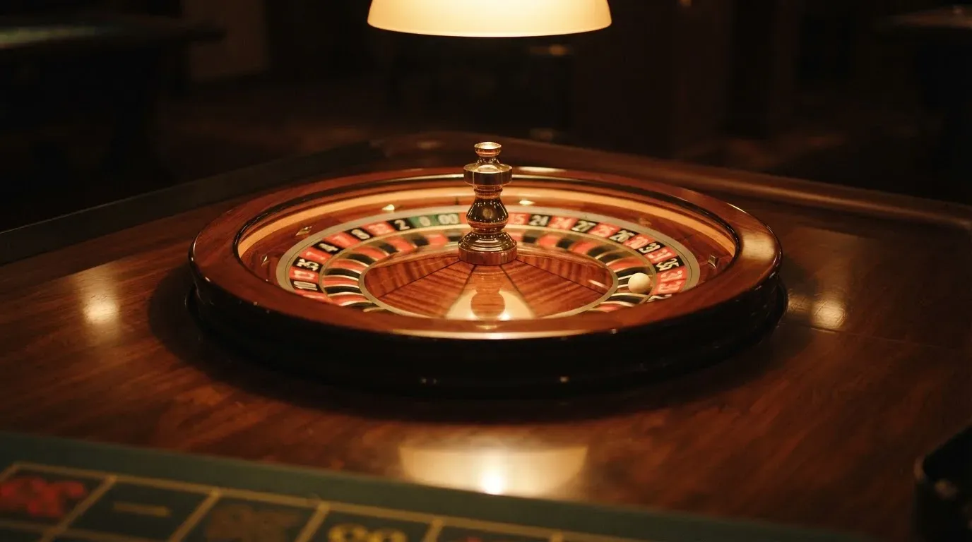 Ett roulettehjul snurrar på ett blankt träbord, den vita kulan glimmar i takljusets guld — svenska casinon med brite