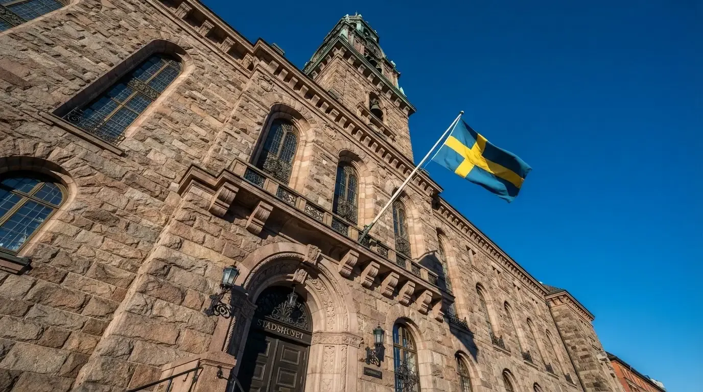 Ett gammalt stadshus i sten fotograferat underifrån mot en klarblå himmel, med den svenska flaggan som fladdrar ovanför entrén.