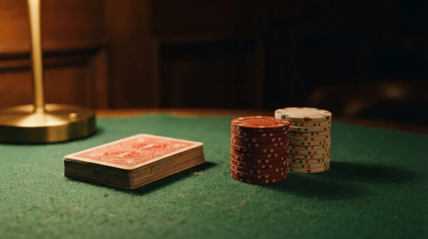 Kortlek och staplar av spelmarker på ett grönt filtbord i en dunkel salong, varmt lampsken — svenska casinon med faktura