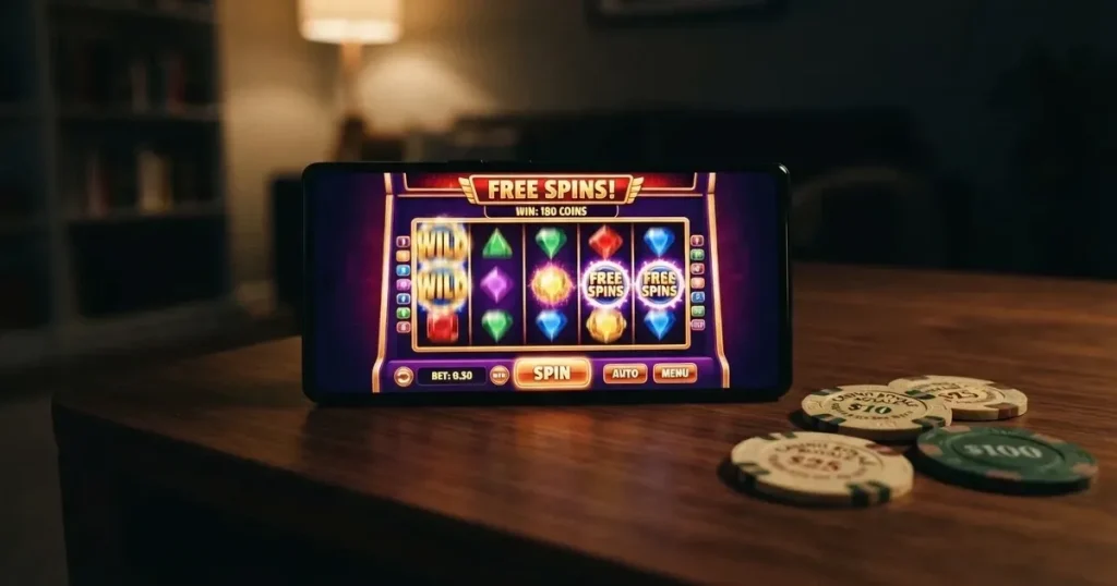 En hand håller upp en smartphone med skärmen vänd nedåt bredvid glittrande konfetti och guldmynt på ett mörkt bord.