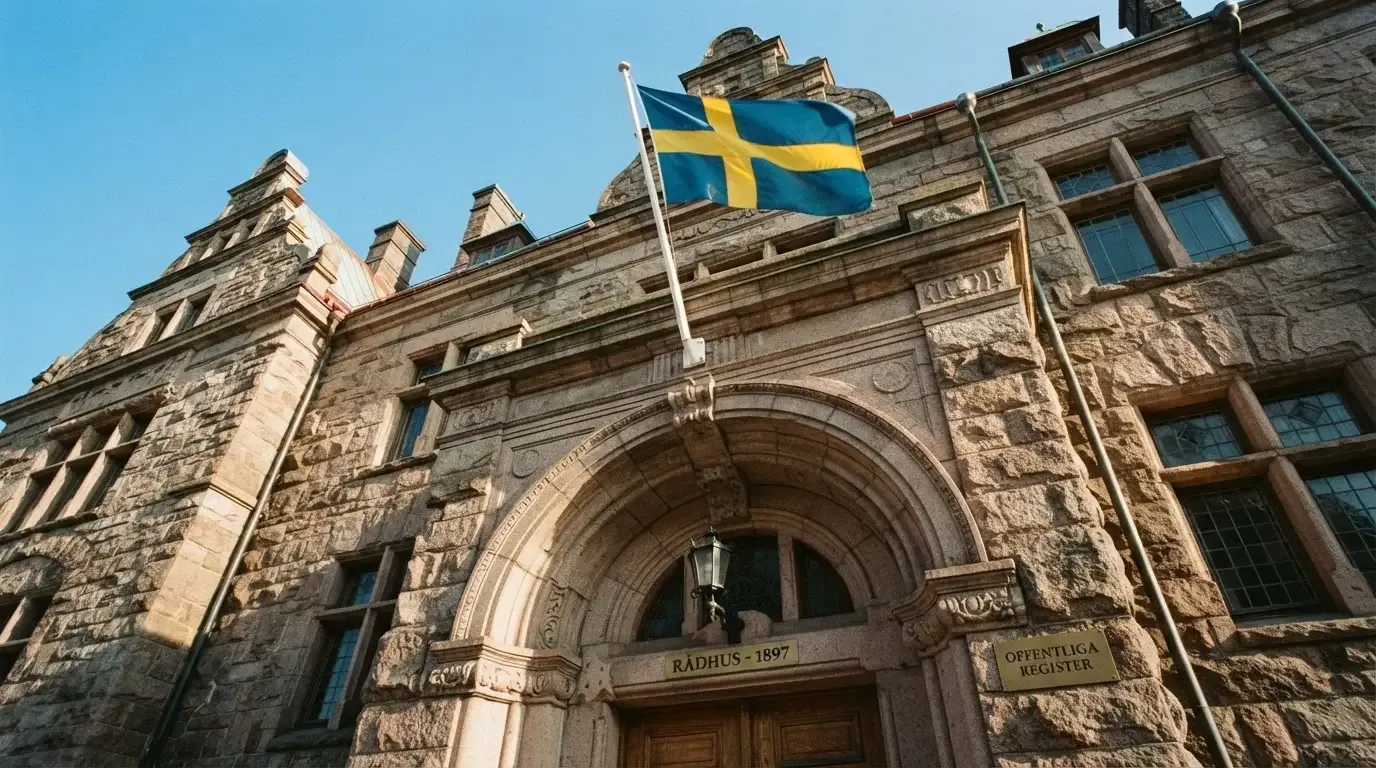 Ett gammalt stadshus i sten fotograferat underifrån mot en klarblå himmel, med den svenska flaggan som fladdrar ovanför entrén.