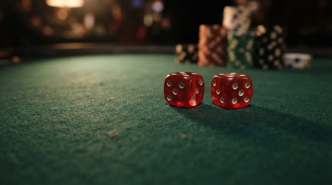 Röda tärningar vilar på grönt filt, bakom dem suddiga torn av spelmarker i kvällsdunklet — svenska casinon med google pay