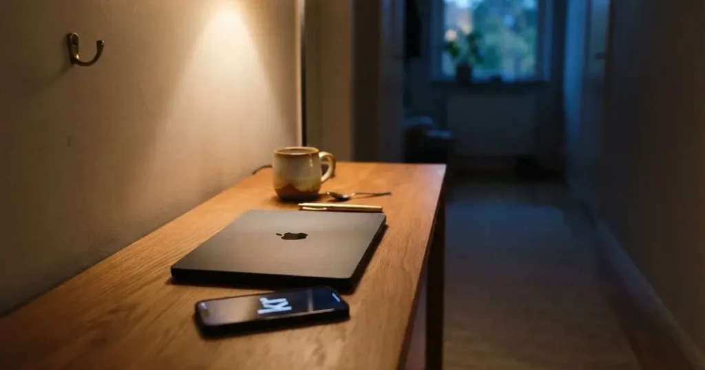 Kaffekopp och penna på ett smalt hallbord i skymning, en stängd bärbar dator vid sidan — svenska casinon med google pay