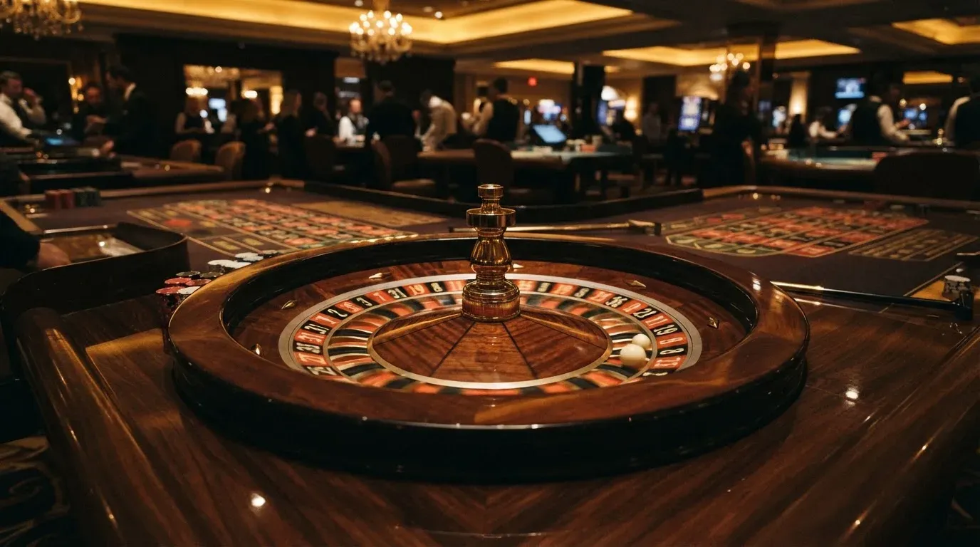Ett roulettehjul snurrar på ett blankt träbord, den vita kulan glimmar i takljusets guld — svenska casinon med högst rtp