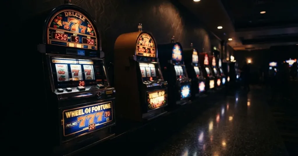 En rad spelskåp i en dunkel hall, rullarna lyser i olika färger och golvet speglar dem — svenska casinon med högst rtp