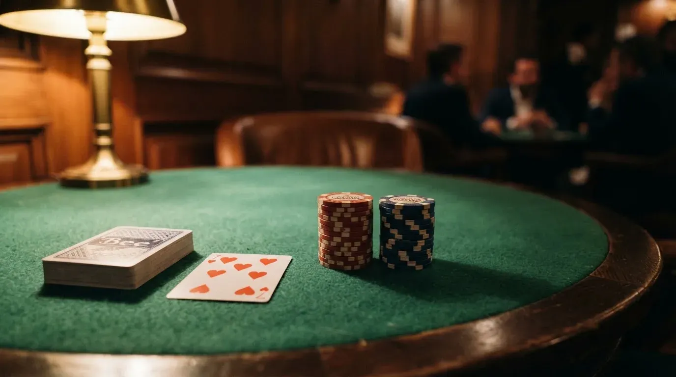 Kortlek och staplar av spelmarker på ett grönt filtbord i en dunkel salong, varmt lampsken — svenska casinon med jeton
