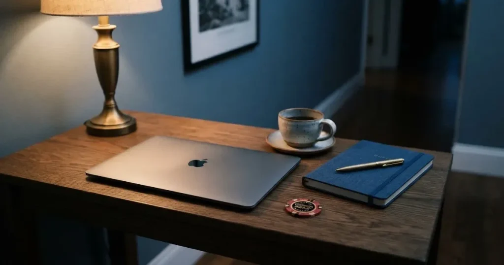 Kaffekopp och penna på ett smalt hallbord i skymning, en stängd bärbar dator vid sidan — svenska casinon med jeton
