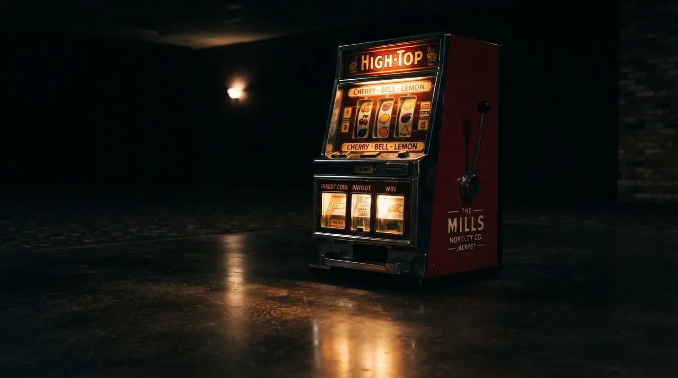 En gammal spelautomat lyser i den dunkla hallen och speglar sig i golvet — svenska casinon med keno