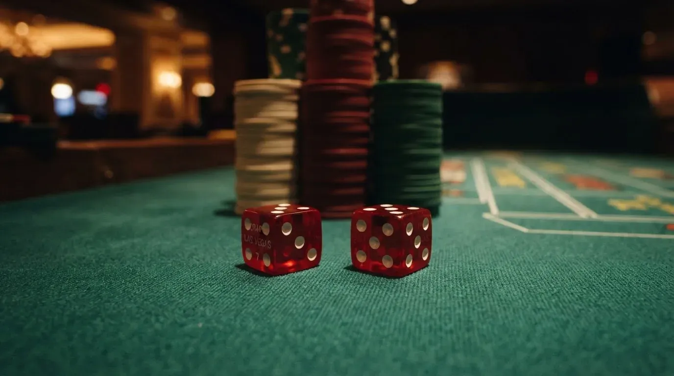 Röda tärningar vilar på grönt filt, bakom dem suddiga torn av spelmarker i kvällsdunklet — svenska casinon med klarna