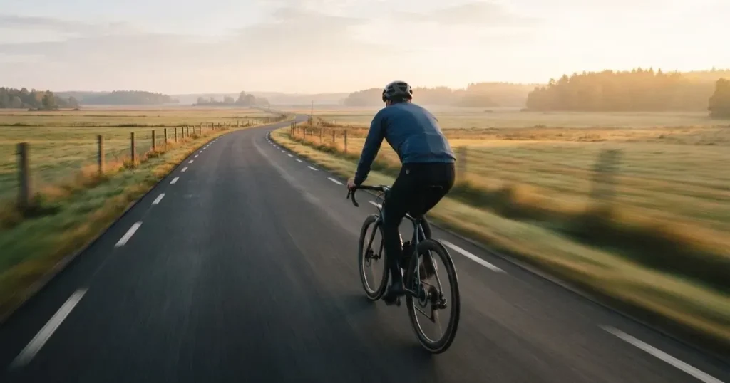 En cyklist susar längs en landsväg vid soluppgång, farten gör åkrarna suddiga i bakgrunden — svenska casinon med klarna