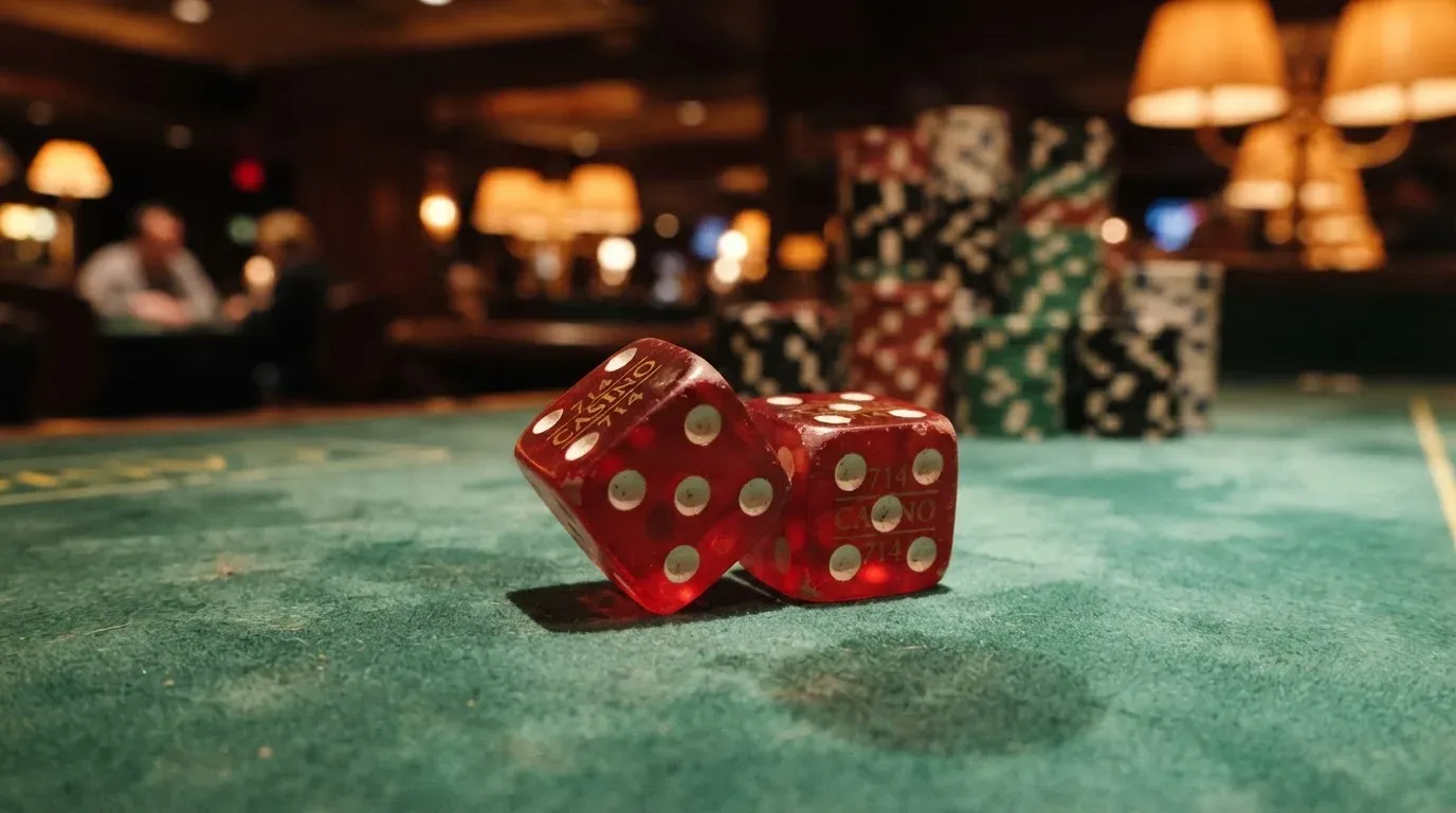 Röda tärningar vilar på grönt filt, bakom dem suddiga torn av spelmarker i kvällsdunklet — svenska casinon med litecoin