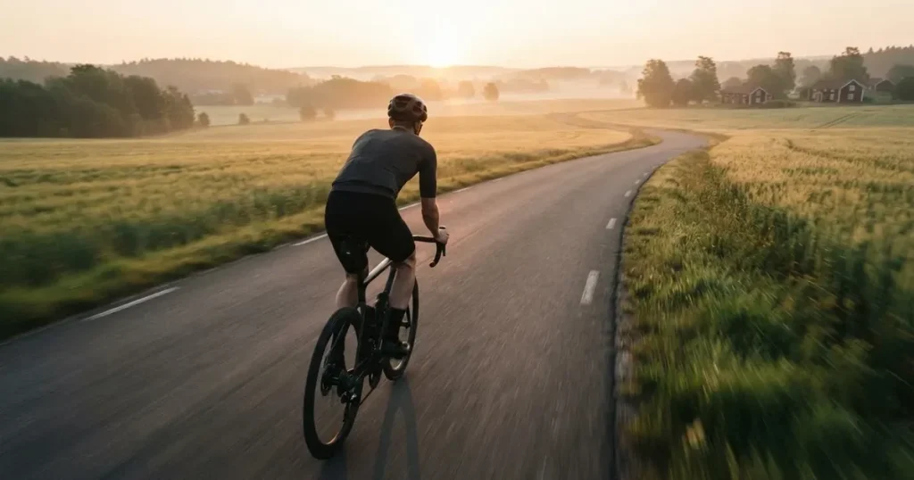 En cyklist susar längs en landsväg vid soluppgång, farten gör åkrarna suddiga i bakgrunden — svenska casinon med mastercard