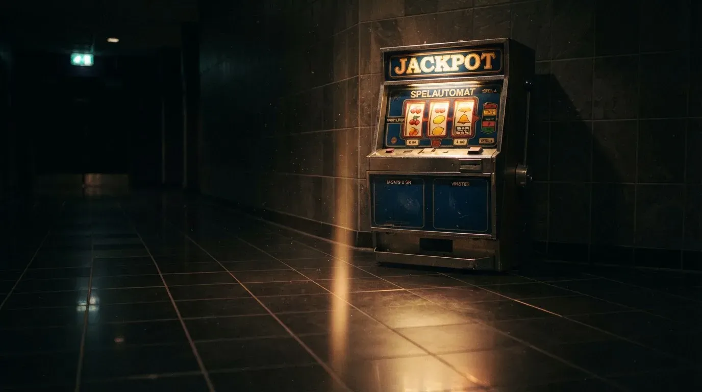 En gammal spelautomat lyser i den dunkla hallen och speglar sig i golvet — svenska casinon med mga licens
