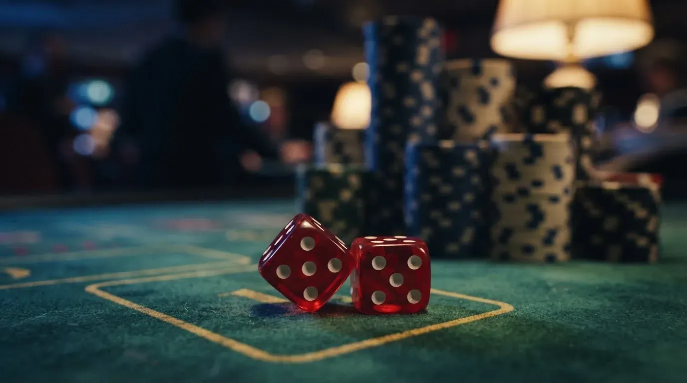Röda tärningar vilar på grönt filt, bakom dem suddiga torn av spelmarker i kvällsdunklet — svenska casinon med neosurf