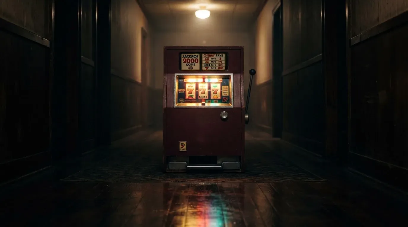 En gammal spelautomat lyser i den dunkla hallen och speglar sig i golvet — svenska casinon med neteller