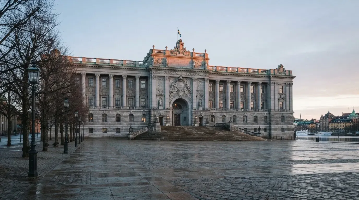 Stenfasad på en statlig byggnad i Stockholm vid gryning, höga pelare och ett tomt torg framför — svenska casinon med neteller