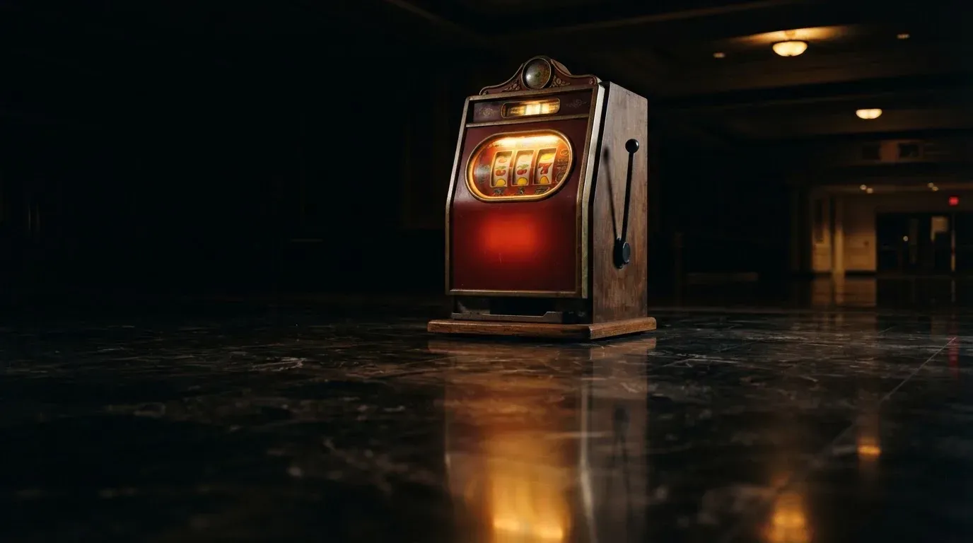 En gammal spelautomat lyser i den dunkla hallen och speglar sig i golvet — svenska casinon med paypal