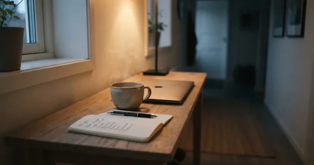 Kaffekopp och penna på ett smalt hallbord i skymning, en stängd bärbar dator vid sidan — svenska casinon med paypal