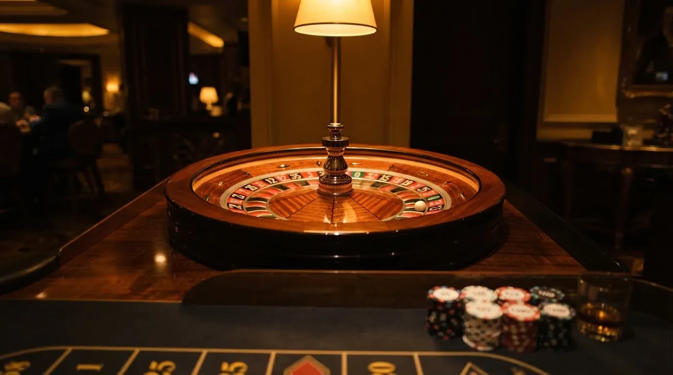 Ett roulettehjul snurrar på ett blankt träbord, den vita kulan glimmar i takljusets guld — svenska casinon med paysafecard