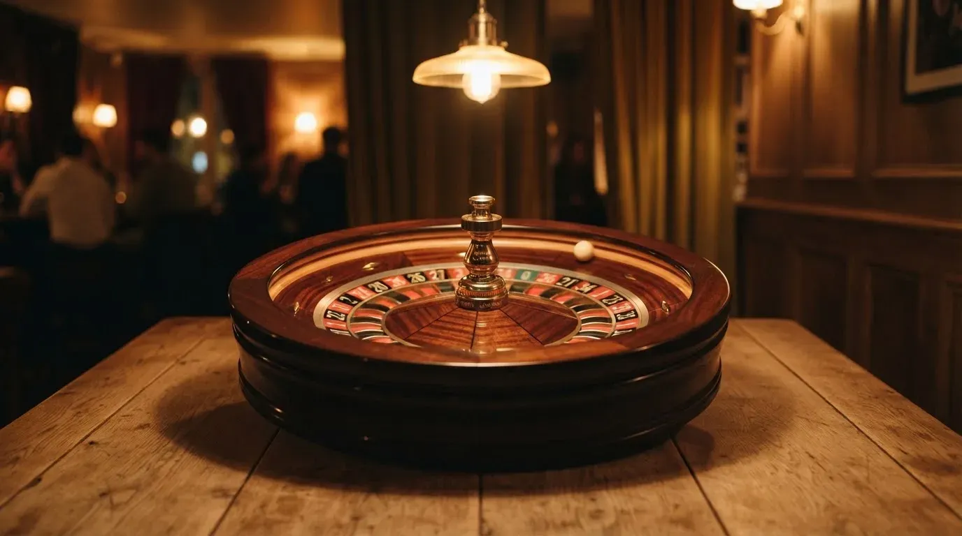 Ett roulettehjul snurrar på ett blankt träbord, den vita kulan glimmar i takljusets guld — svenska casinon med payz