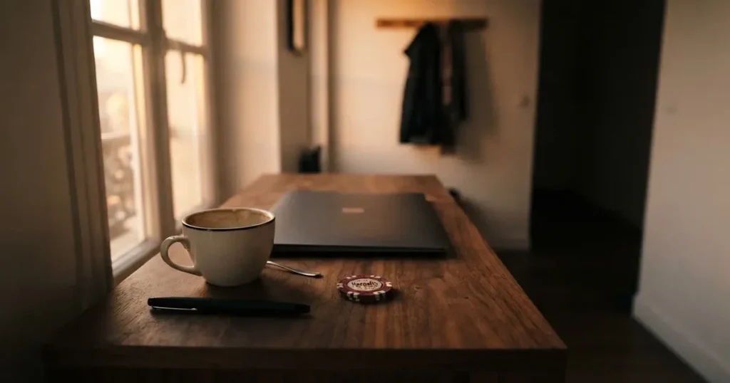 Kaffekopp och penna på ett smalt hallbord i skymning, en stängd bärbar dator vid sidan — svenska casinon med revolut