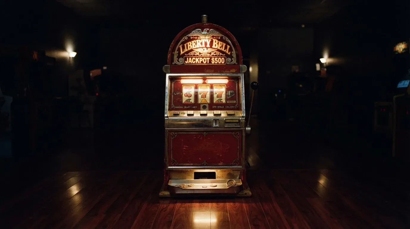 En gammal spelautomat lyser i den dunkla hallen och speglar sig i golvet — svenska casinon med siru