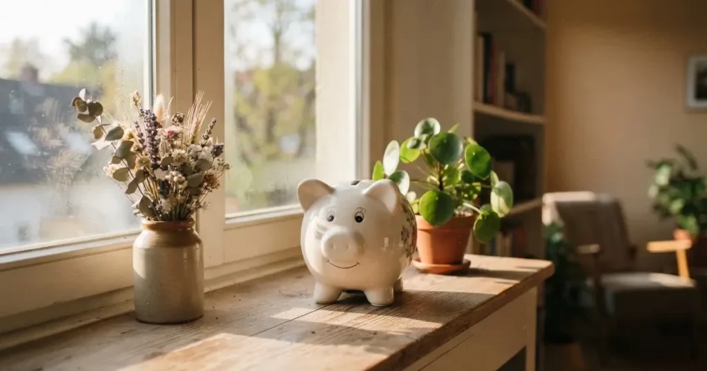 En porslinsgris på fönsterbrädan i morgonljus, bredvid en torkad blombukett och en grön växt — svenska casinon med siru