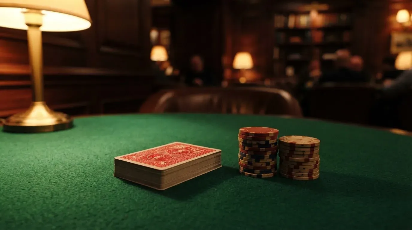 Kortlek och staplar av spelmarker på ett grönt filtbord i en dunkel salong, varmt lampsken — svenska casinon med skrill