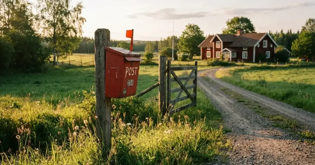 En röd brevlåda vid grinden till en lantgård en sommarkväll, daggigt gräs och långa skuggor — svenska casinon med sms betalning
