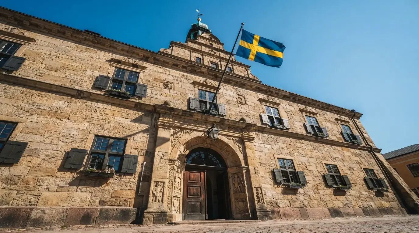 Ett gammalt stadshus i sten fotograferat underifrån mot en klarblå himmel, med den svenska flaggan som fladdrar ovanför entrén.