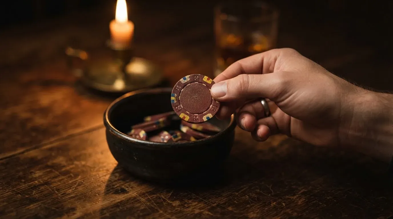 En hand lyfter en spelmark ur en skål, ljuslågan färgar bordet gyllenbrunt — svenska casinon med swish