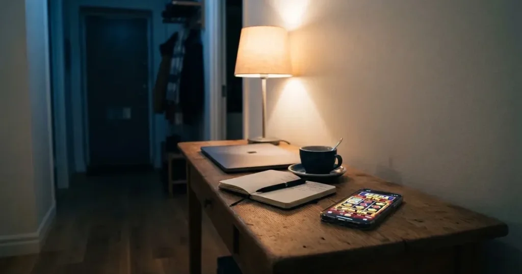 Kaffekopp och penna på ett smalt hallbord i skymning, en stängd bärbar dator vid sidan — svenska casinon med swish