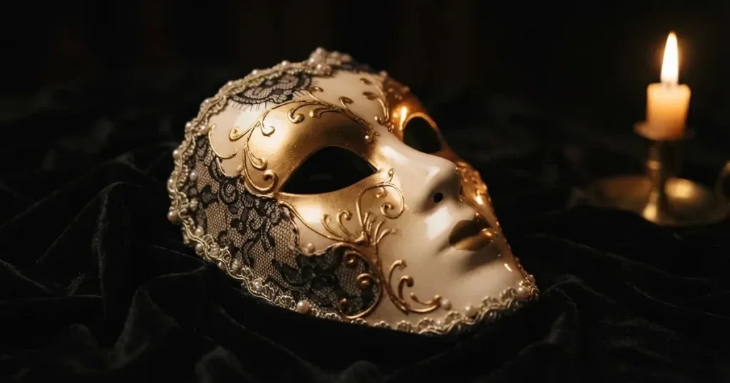 En venetiansk mask på svart sammet, ljuslågan speglas i dess blanka yta — svenska casinon med tether