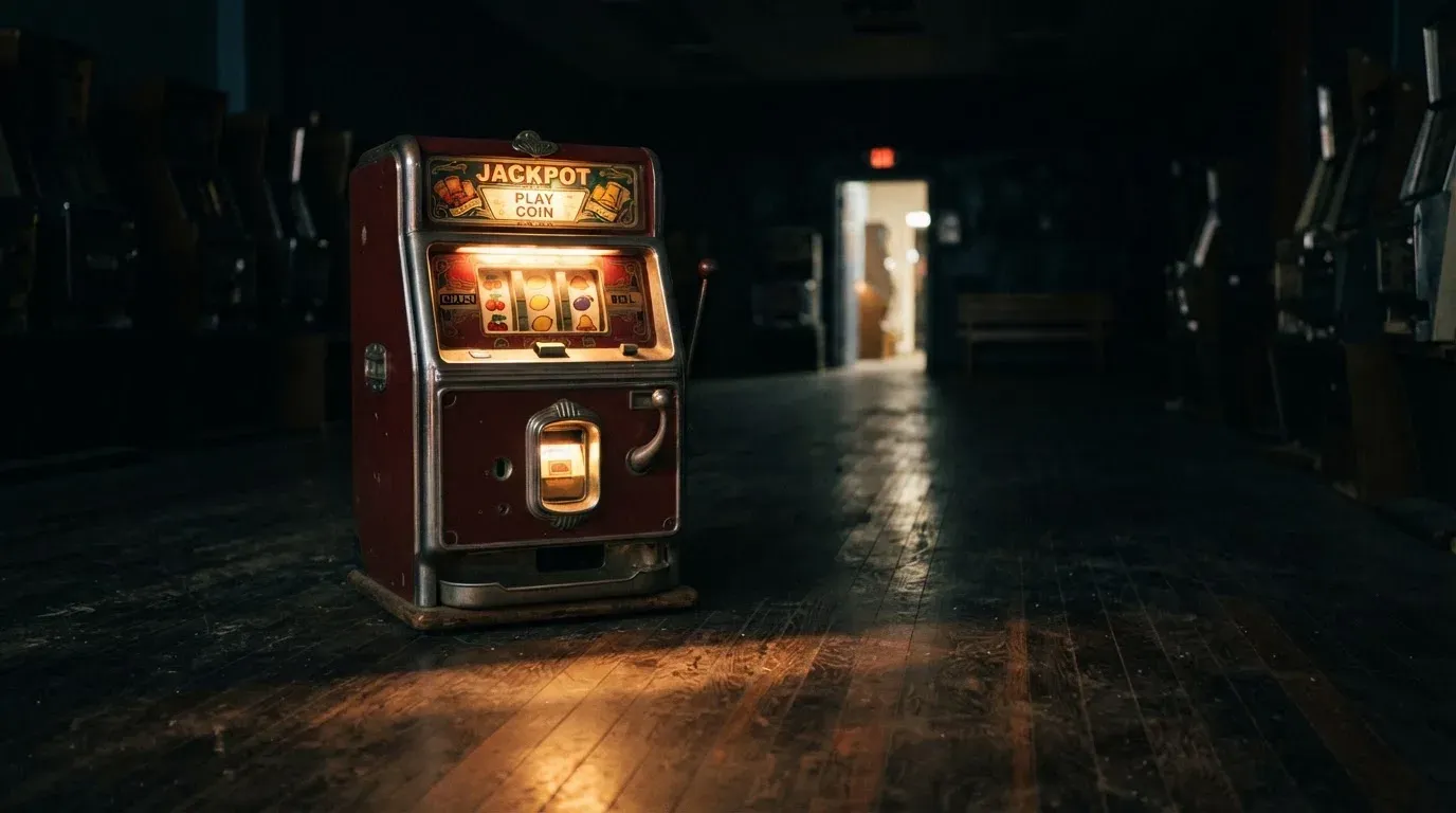 En gammal spelautomat lyser i den dunkla hallen och speglar sig i golvet — svenska casinon med tron