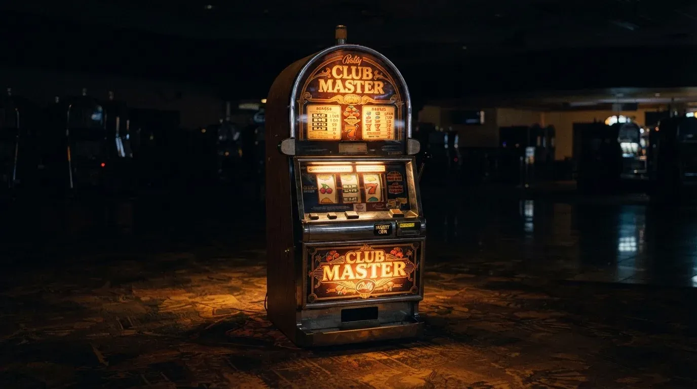 En gammal spelautomat lyser i den dunkla hallen och speglar sig i golvet — svenska casinon med visa