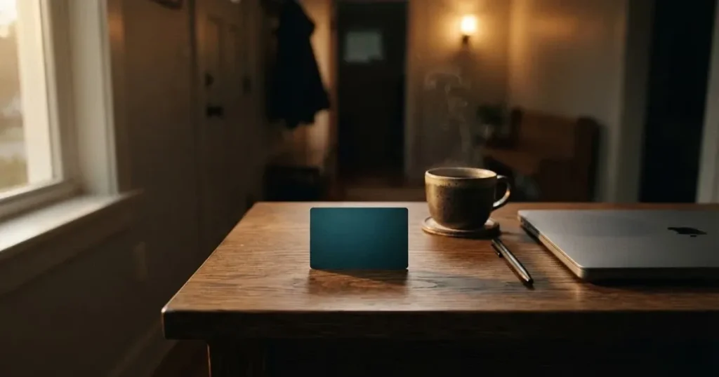 Kaffekopp och penna på ett smalt hallbord i skymning, en stängd bärbar dator vid sidan — svenska casinon med visa