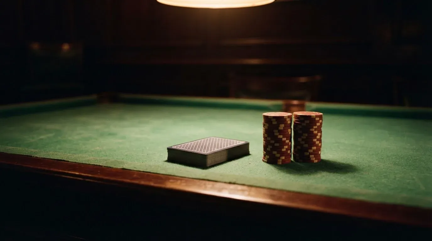 Kortlek och staplar av spelmarker på ett grönt filtbord i en dunkel salong, varmt lampsken — svenska casinon med zimpler