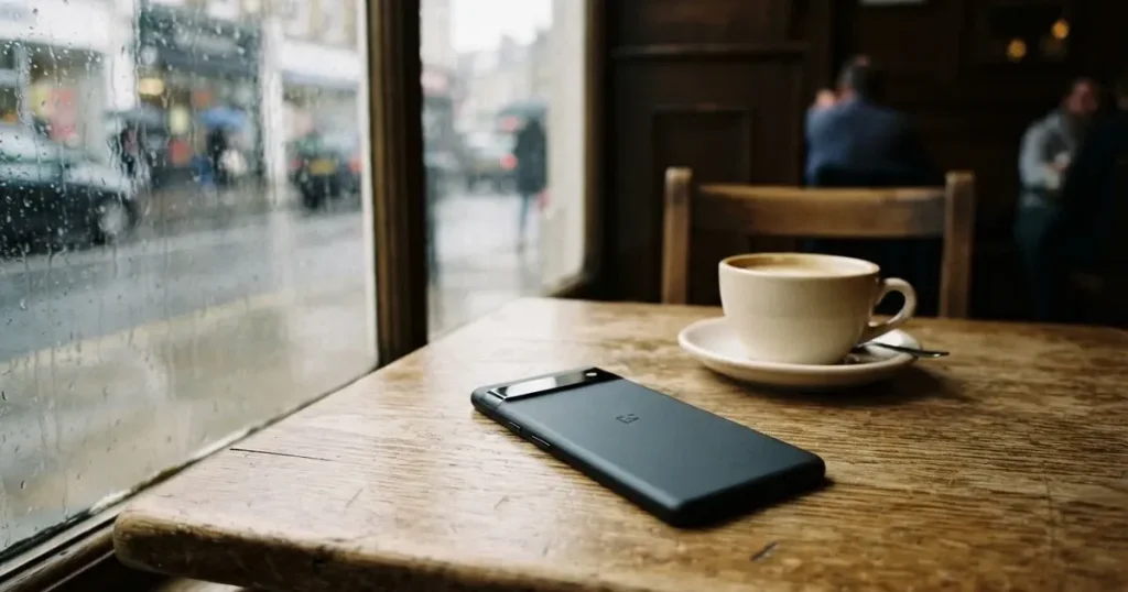 En mobil med framsidan nedåt på ett kafébord, bredvid en latte och regn mot rutan — svenska casinon på android