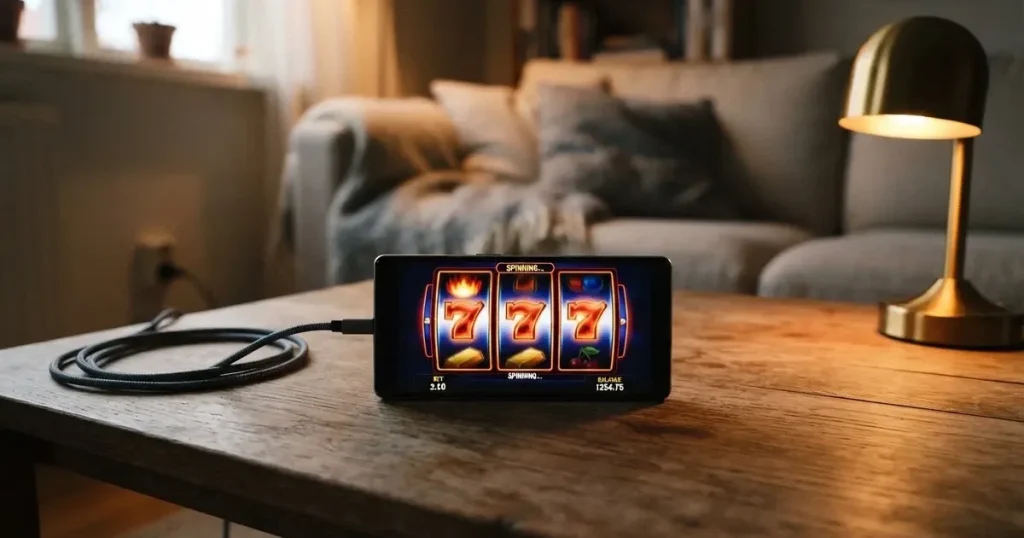 En smartphone ligger med baksidan upp på soffbordet, laddsladden ringlar och läslampan lyser mjukt — svenska casinon på ios