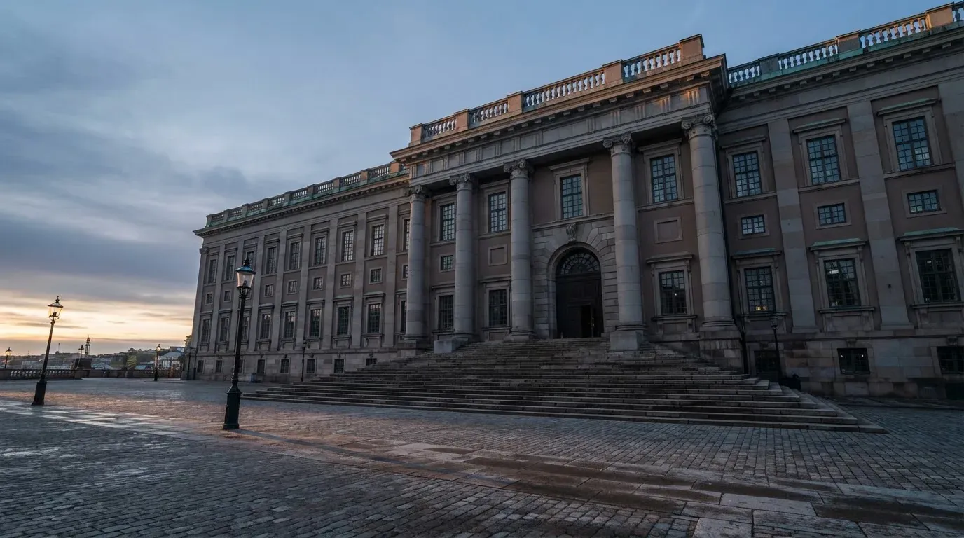 Stenfasad på en statlig byggnad i Stockholm vid gryning, höga pelare och ett tomt torg framför — svenska casinon på nätet